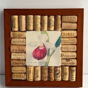 Framed Wine Cork Art with Orchid Illustration